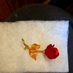 Elegant Gold and Red Rose Brooch